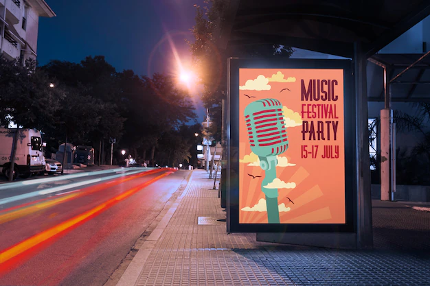 Design publicitário para um festival de música em uma parada de ônibus